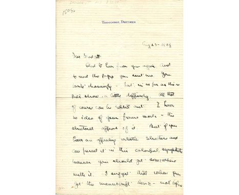 DREISER THEODORE: (1871-1945) American novelist. A.L.S., Theodore Dreiser, two pages, 4to, New York, 23rd August 1928, to Blo
