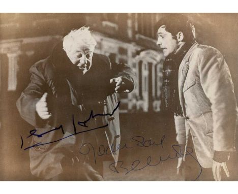 UN SINGE EN HIVER: Signed sepia 7 x 5 photograph by both Jean Gabin (Albert Quentin) and Jean-Paul Belmondo (Gabriel Fouquet)