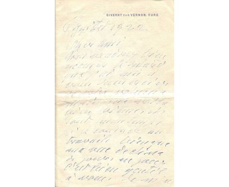 MONET CLAUDE: (1840-1926) French Impressionist painter. A.L.S., Claude Monet, three pages, 8vo, Giverny par Vernon, Eure, 6th