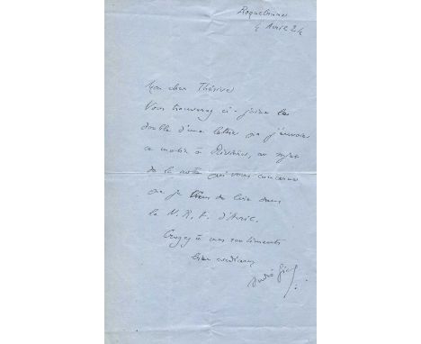 GIDE ANDRE: (1869-1951) French author, Nobel Prize winner for Literature, 1947. A.L.S., Andre Gide, one page, 8vo, Roquebrune