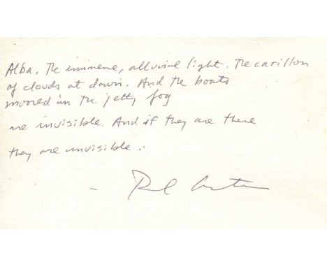 AUSTER PAUL: (1947-2024) American writer. A.Q.S., Paul Auster, to one side of a plain postcard, n.p. (Brooklyn, New York), n.