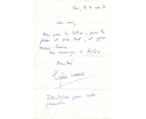 IONESCO EUGENE: (1909-1994) Romanian-French playwright. A.L.S., Gene Ioneso, one page, 8vo, Paris, 31st May 1971, to a friend