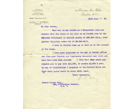 [CARTER HOWARD]: (1874-1939) English archaeologist and Egyptologist who discovered the Tomb of Tutankhamun in 1922. T.L.S. by