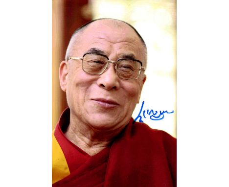 DALAI LAMA: (1935- ) Tibetan spiritual leader, Nobel Peace Prize winner, 1989. Signed colour 7 x 10.5 photograph of the Dalai