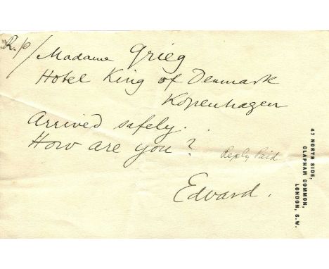 GRIEG EDVARD: (1843-1907) Norwegian composer and pianist. Autograph Telegram Signed, Edvard, one page, oblong 8vo, n.p. (Clap