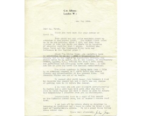 GREENE GRAHAM: (1904-1991) English novelist. An interesting T.L.S., Graham Greene, one page, 4to, Albany, London, 4th May 195
