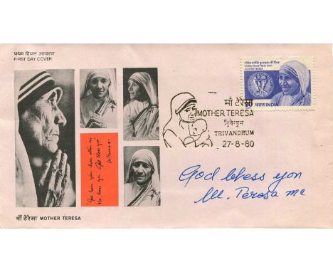 TERESA MOTHER: (1910-1997) Albanian Roman Catholic nun, Nobel Peace Prize winner, 1979. Signed First Day Cover by Mother Tere