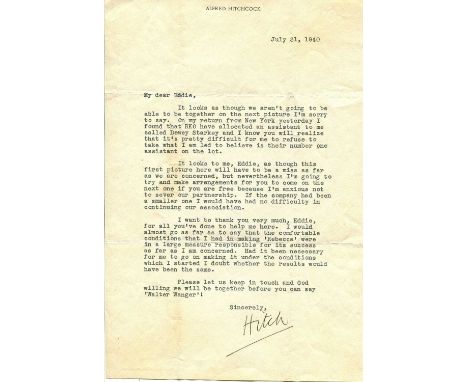 HITCHCOCK ALFRED: (1899-1980) English film director. An excellent T.L.S., Hitch, one page, 4to, n.p. (California?), 31st July
