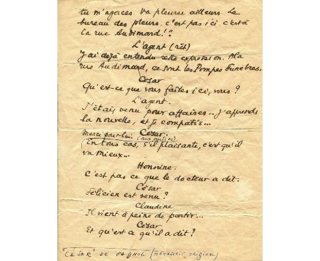 PAGNOL MARCEL: (1895-1974) French film director, novelist and playwright. Autograph Manuscript, unsigned, one page, 4to, n.p.