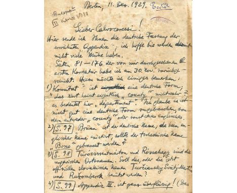 BARTOK BELA: (1881-1945) Hungarian composer and pianist. A.L.S., Bela Bartok, two pages, 8vo, Berlin, 11th December 1929, to 