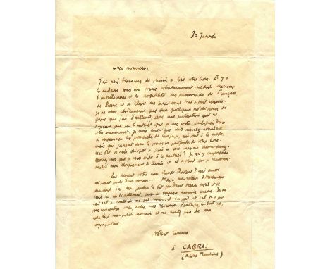 CAMUS ALBERT: (1913-1960) French Author and Philosopher. Nobel Prize winner in Literature, 1957. A very good A.L.S., `Albert 