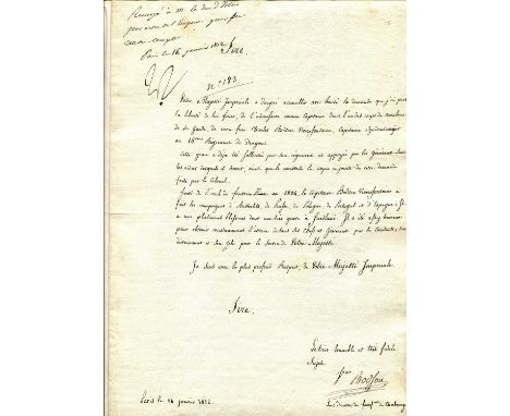 NAPOLEON I: (1769-1821) Emperor of France 1804-14, 1815. A good L.S., `Np´, a bold ink signature, one page, folio, Paris, 16t