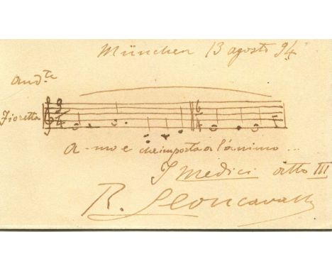 LEONCAVALLO RUGGERO: (1857-1919) Italian composer. A good A.M.Q.S., R. Leoncavallo, to the verso of his personal printed oblo