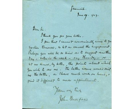 MASEFIELD JOHN: (1878-1967) English writer and poet who was Poet Laureate 1930-67. A.L.S., John Masefield, one page, 8vo (fol