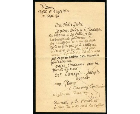 PISSARRO CAMILLE: (1830-1903) French Impressionist painter. A.L.S., C. Pissarro, two pages, 8vo, Hotel d'Angleterre, Rouen, 1
