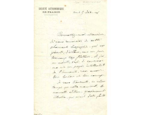 FLAMMARION CAMILLE: (1842-1925) French Astronomer, and prolific Author. A fine A.L.S., `Flammarion´, two pages, 8vo, Paris, 5