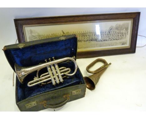 A Small Cornet within Fitted Case, together with a brass bugle and military photograph