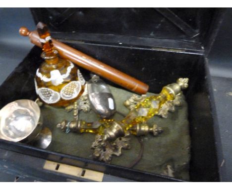 A Pair of Yellow Glass and Brass Victorian Door Handles together with a collection of other items to include a glass scent bo