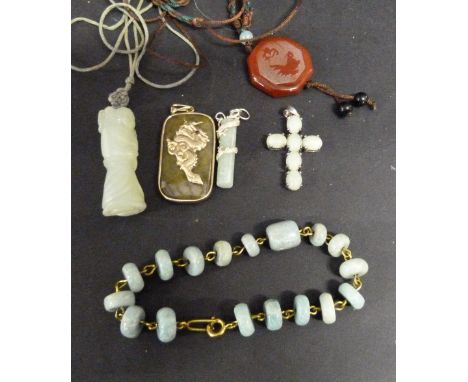 A Chinese Jade Pendant with 9ct. gold mount, together with a small jade figure and other related items