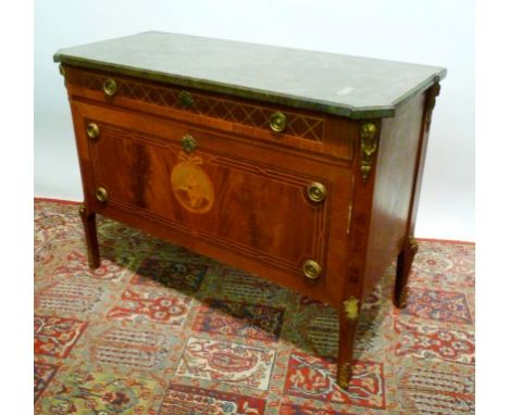 A French Marquetry Inlaid Commode, the green variegated marble top above a frieze drawer above a fall front enclosing two dra