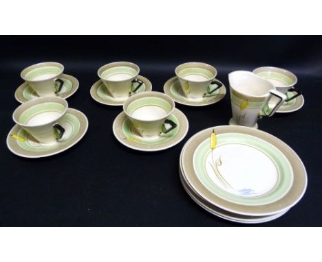 A Burleigh Ware Art Deco Six Place Setting Tea Service comprising six cups and saucers, six plates and a jug