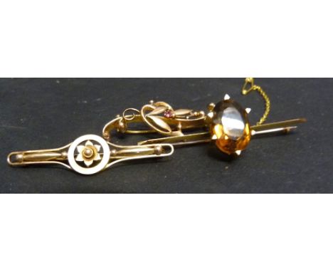 A 9ct. Gold Ruby Set Bar Brooch,together with two other bar brooches