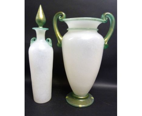 A Murano Opaque and Green Glass Large Oviform Two Handled Vase, with gilded decoration, 37 cms tall, together with a similar 