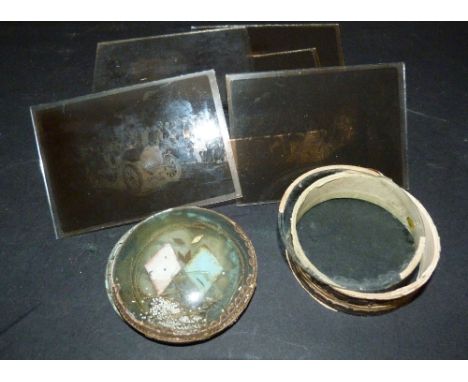 A Collection of Early Glass Magic Lantern Slides relating to cars and motorbikes together with an early cylindrical glass box