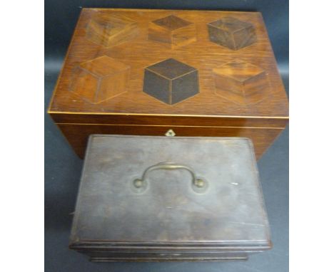 A 19th Century Rosewood Cube Inlaid Work Box, together with a Georgian tea caddy (a/f)