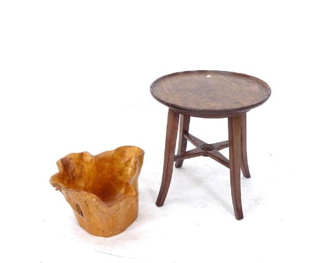A rustic yew wood root carved bowl, and a small 19th century mahogany lamp table (2) 