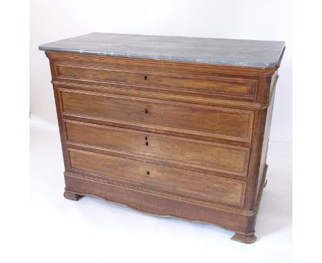 A 19th century French rosewood commode, with a grey and white veined marble top, 4 long drawers under, with bracket feet, W12