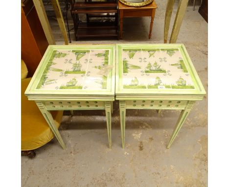 A pair of square painted lamp tables, with green Delft tile tops, W48cm, H74cm 
