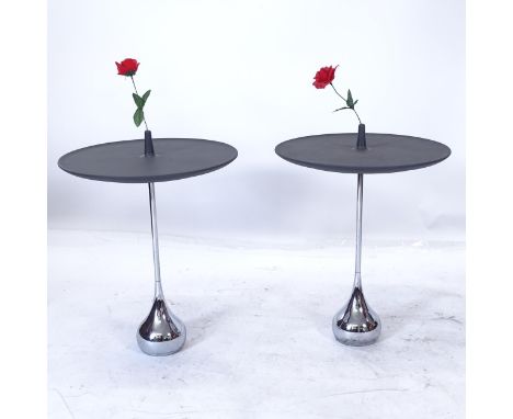 A pair of Baleri Italia Celine coffee tables, by Denis Santachiara, on heavy chrome tear-drop base, with integral bud vase, m