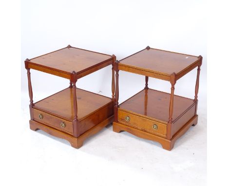 A pair of yew wood square 2-tier lamp tables, with drawers to the base, W45cm, H54cm 