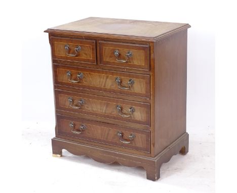 A reproduction mahogany and satinwood-strung 5-drawer chest, on bracket feet, W63cm, H70cm, D41cm 