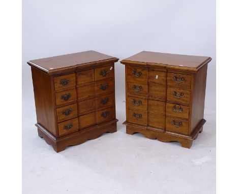 A pair of 4-drawer bedside chests on bracket feet, W59cm, H63cm, D37cm 