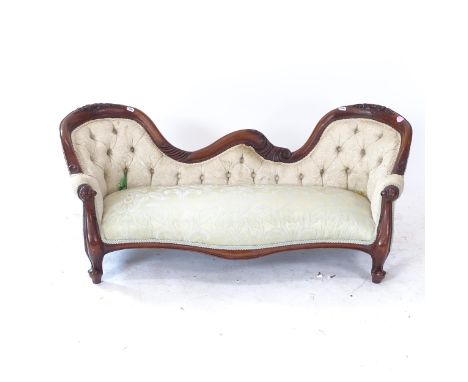 A carved mahogany-framed and button-back upholstered doll's settee, W112cm 