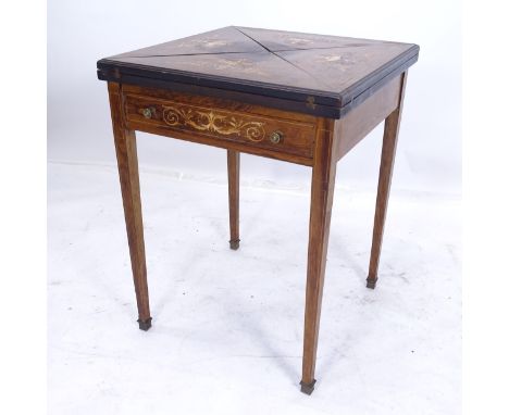 A Victorian rosewood envelope card table, with single frieze drawer, and inlaid decoration, W55cm, H73cm 