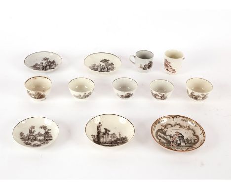 Agron of Worcester tea wares comprising five tea bowls, one coffee cup and five saucers, milkmaids, le baiser, garden seat, c