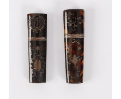 Two Georgian tortoiseshell bodkin cases, one inlaid an urn and foliage, the other an oval, 7.5cm long