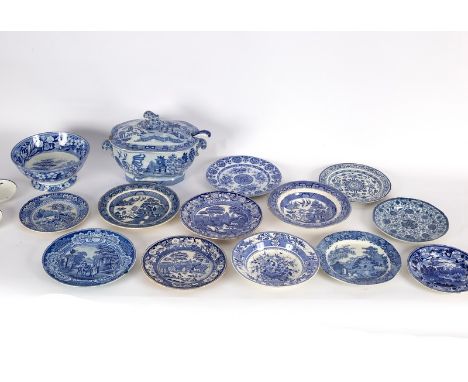 A 19th Century Staffordshire blue and white willow pattern tureen, cover and ladle, a bowl printed three deer in a landscape 