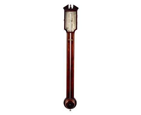 A mahogany cased stick barometer, the silvered dial signed A Pozoly fecit and fitted with a thermometer, the case with archit