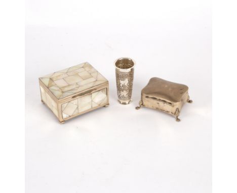 A silver mounted mother-of-pearl box, a silver trinket box and an embossed spirit measure