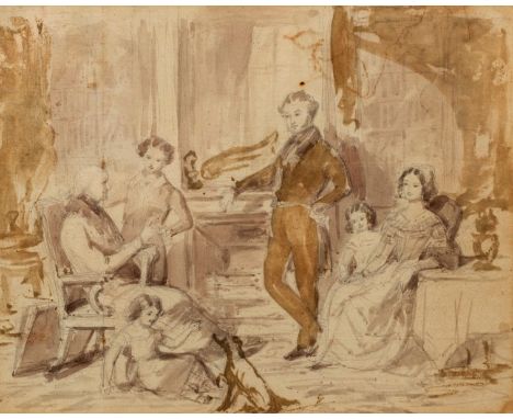 Samuel West/Family in an Interior/pencil brown work, 17.5cm x 22cm/and 19th Century English School/Grand House on a River/wat