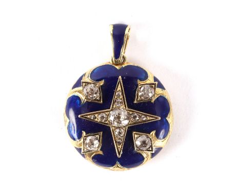 A diamond and blue enamel pendant locket, centred by a four pointed star and with a glass compartment to the back CONDITION R