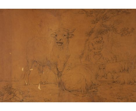 Eugene Verboeckhoven (Belgian 1798-1881)/Portrait of a Bull and Shepherdess with Sheep/signed and dated/pencil drawing, 60cm 