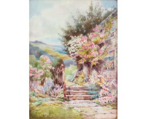 John Porter Wale (British 1860-1920)/Cottage in Landscape/a pair/signed/painted ceramic panel, 14cm x 10.5cm/framed CONDITION