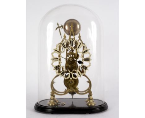 A 19th Century skeleton clock with centre sweep strike, under a glass dome, 42cm high overall CONDITION REPORT: The  enamel c