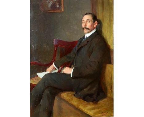 Fritz Reusing (German 1874-1957)/Portrait of Otto Langhorst/seated, wearing a suit and holding papers in his right hand/oil o