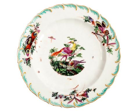 A Chelsea plate painted exotic birds within a gold and turquoise foliate border, gold anchor mark, 21cm diameter CONDITION RE